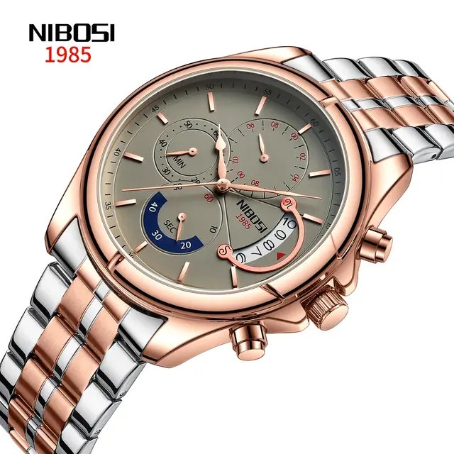 Nibosi 2522 Men Chronograph Silver Rose Gold Watch
