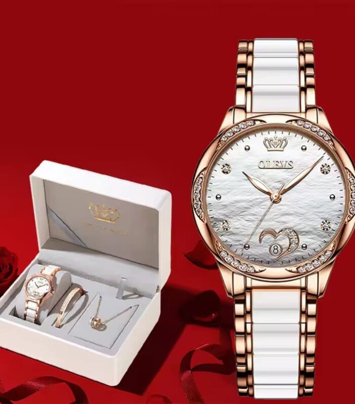 OLEVS 6631 White Mechanical Ladies Watch Necklace Bracelet Gift Set