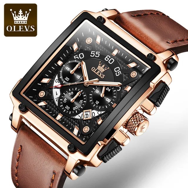 OLEVS 9919 Men Chrono Square Dial Brown Leather Watch