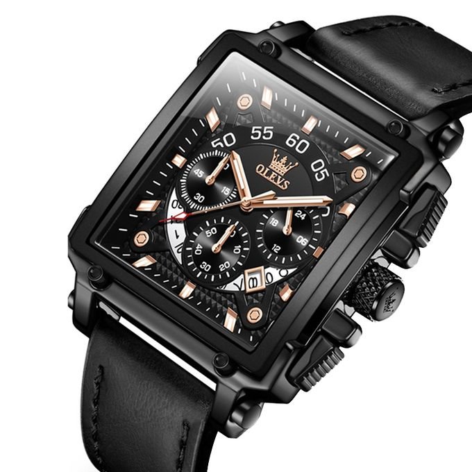 OLEVS 9919 Men Chrono Square Dial Black Leather Watch