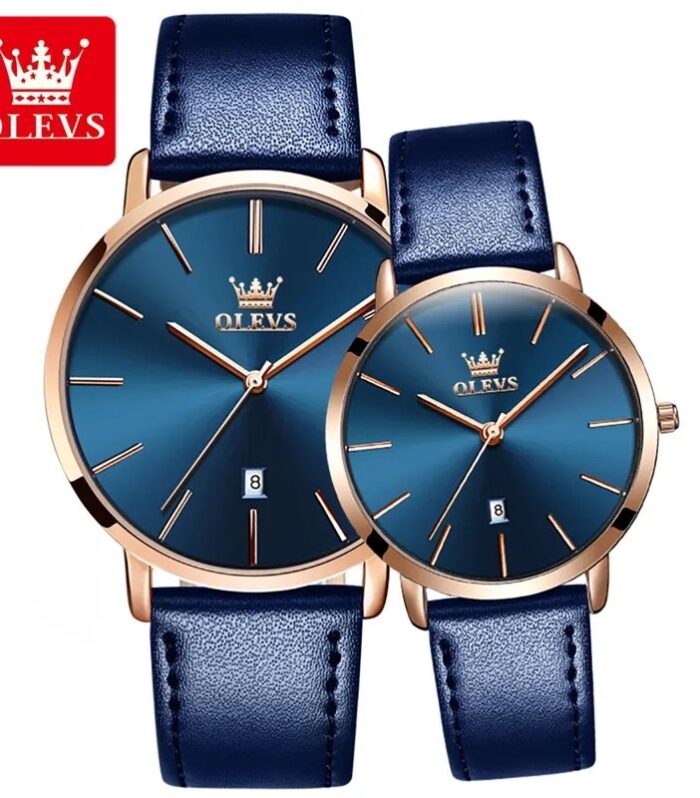 OLEVS Blue Leather Couples Watch