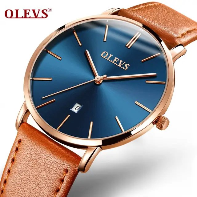 OLEVS Light Brown Leather Blue Face Unisex Watch