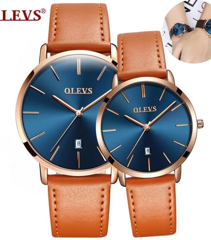 OLEVS Light Brown Leather Couples Watch