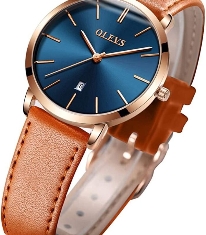 OLEVS Light Brown Leather Blue Face Ladies Watch