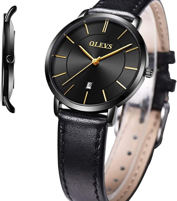 OLEVS Black Leather Blue Face Ladies Watch