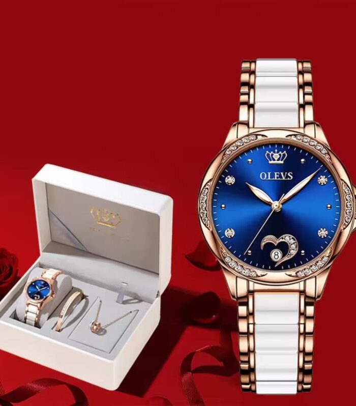 OLEVS 6631 Blue Face Mechanical Ladies Watch Necklace Bracelet Gift Set